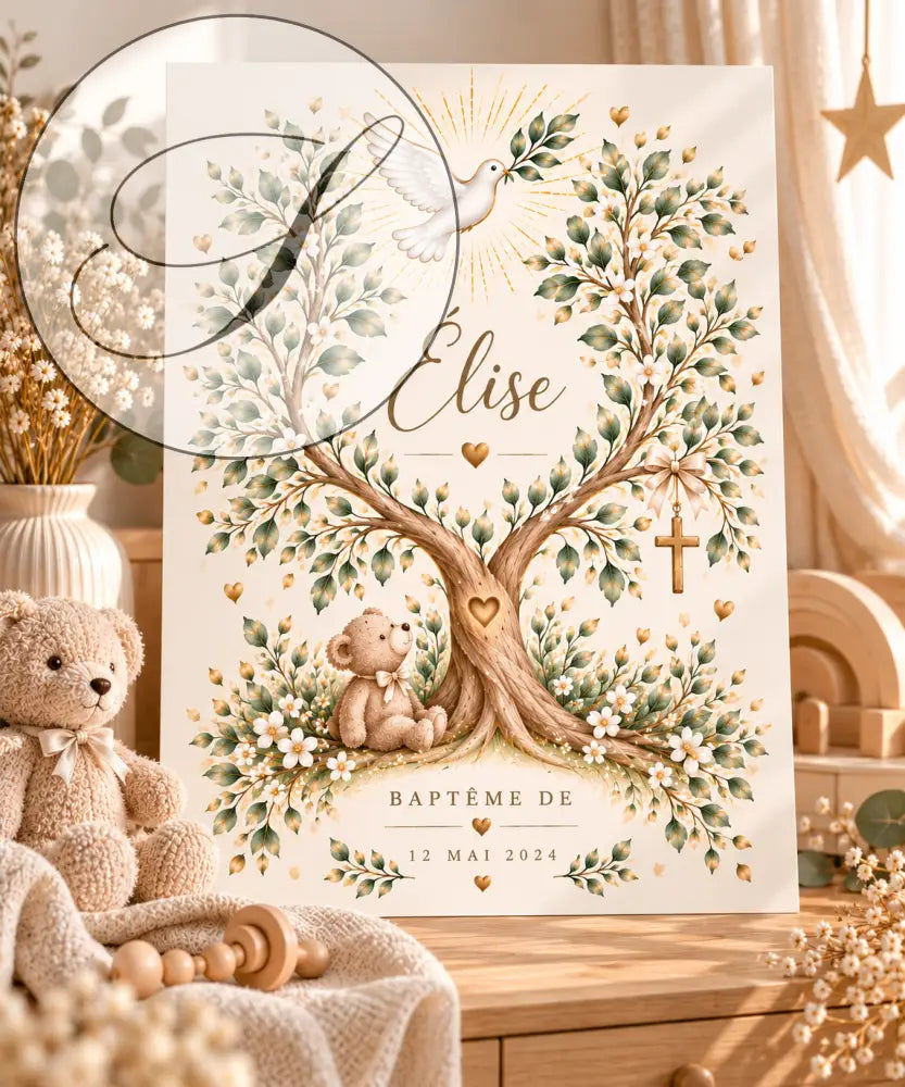 Affiche de baptême personnalisée arbre de vie crème avec feuilles vertes, fleurs blanches, nom élise et cadeau naissance