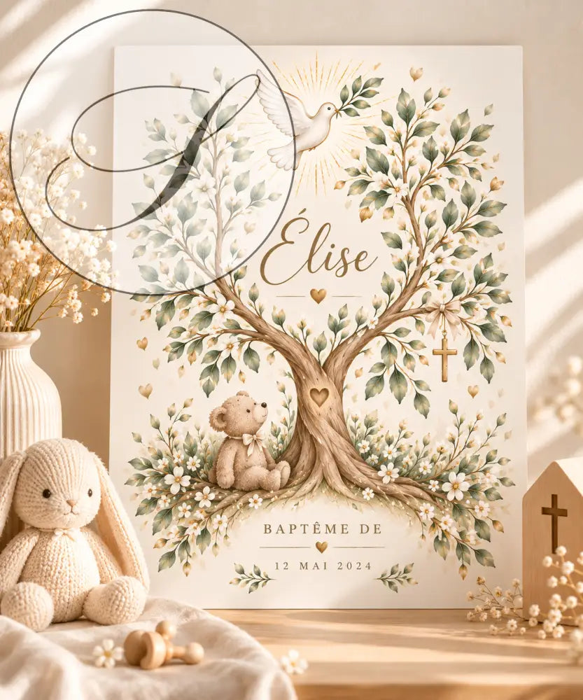 Affiche de baptême personnalisée crème avec arbre de vie vert et blanc et nom élise pour cadeau naissance unique