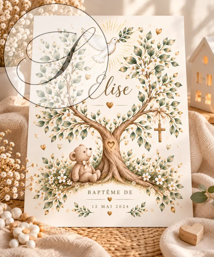 Affiche de baptême personnalisée arbre de vie crème avec nom élise pour un cadeau naissance unique et symbolique