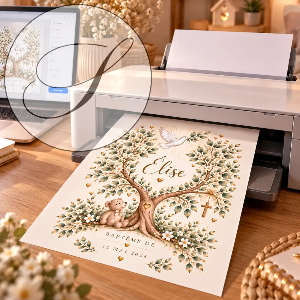 Affiche de baptême personnalisée crème avec arbre de vie vert doré, colombe, ourson,