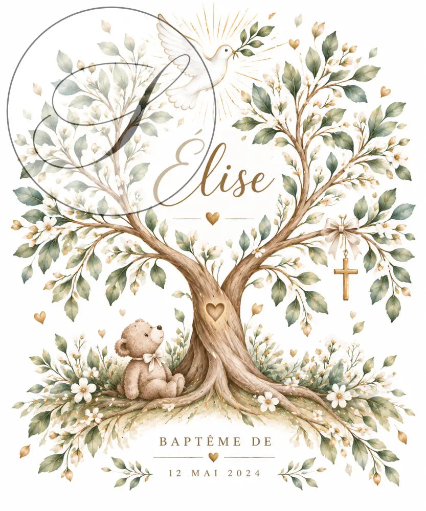 Affiche de baptême personnalisée arbre de vie avec colombe blanche et nounours, un cadeau naissance unique et élégant