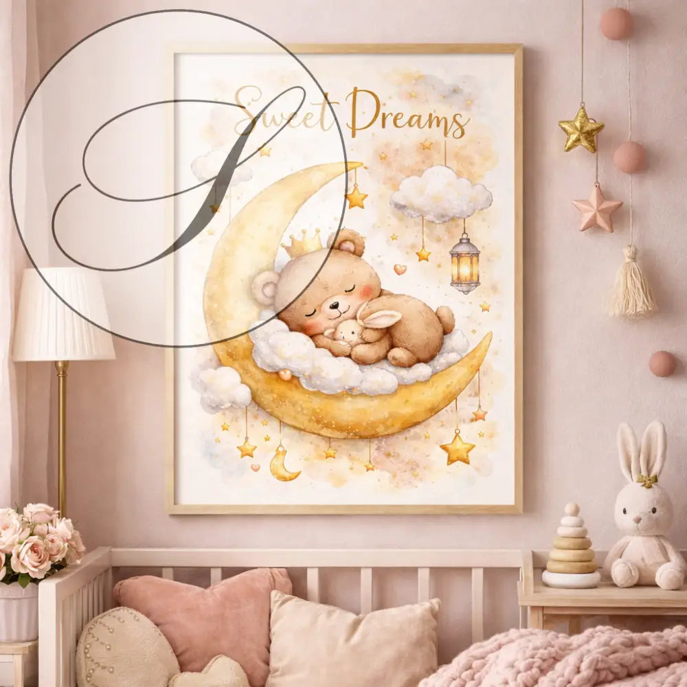 Affiche chambre bébé ours et lune avec ourson marron couronne sur lune en nuages blanc parfait pour chambre bébé