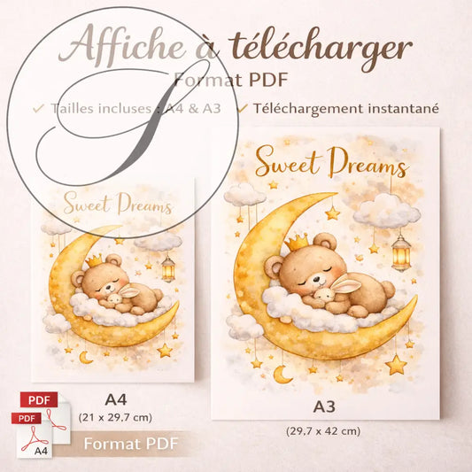 Affiche chambre bébé ours et lune avec ours endormi sur lune en aquarelle parfait pour chambre bébé