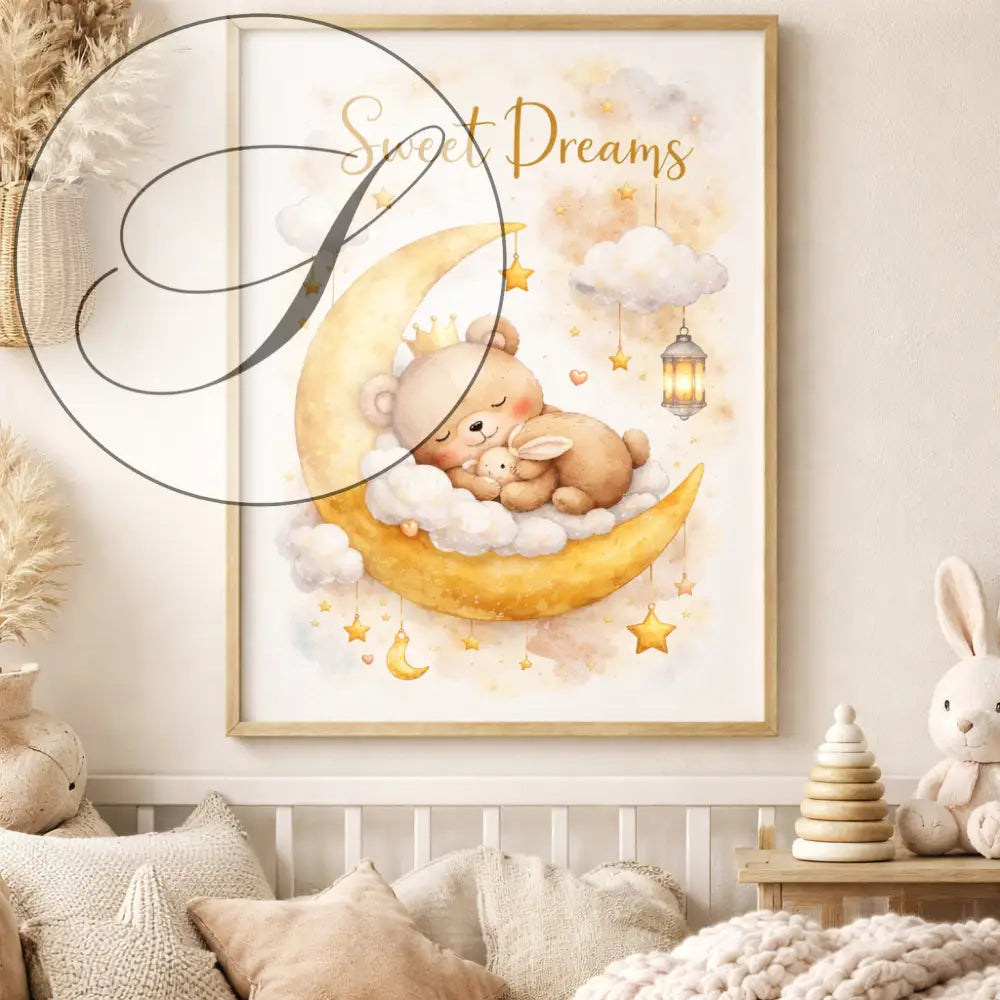 Affiche chambre bébé ours et lune avec ourson endormi couronne lune dorée étoiles et lanternes parfait pour chambre bébé