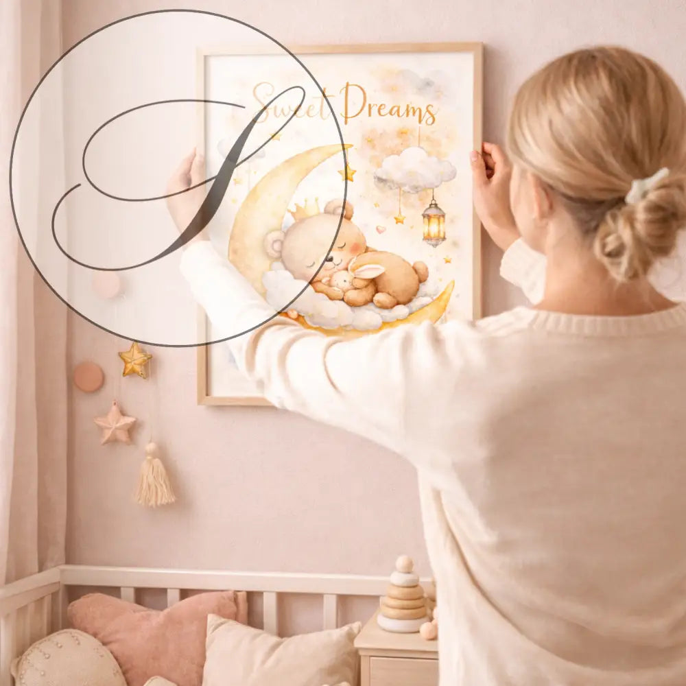 Affiche chambre bébé ours et lune avec impression aquarelle dormeur parfait pour chambre bébé décoration murale
