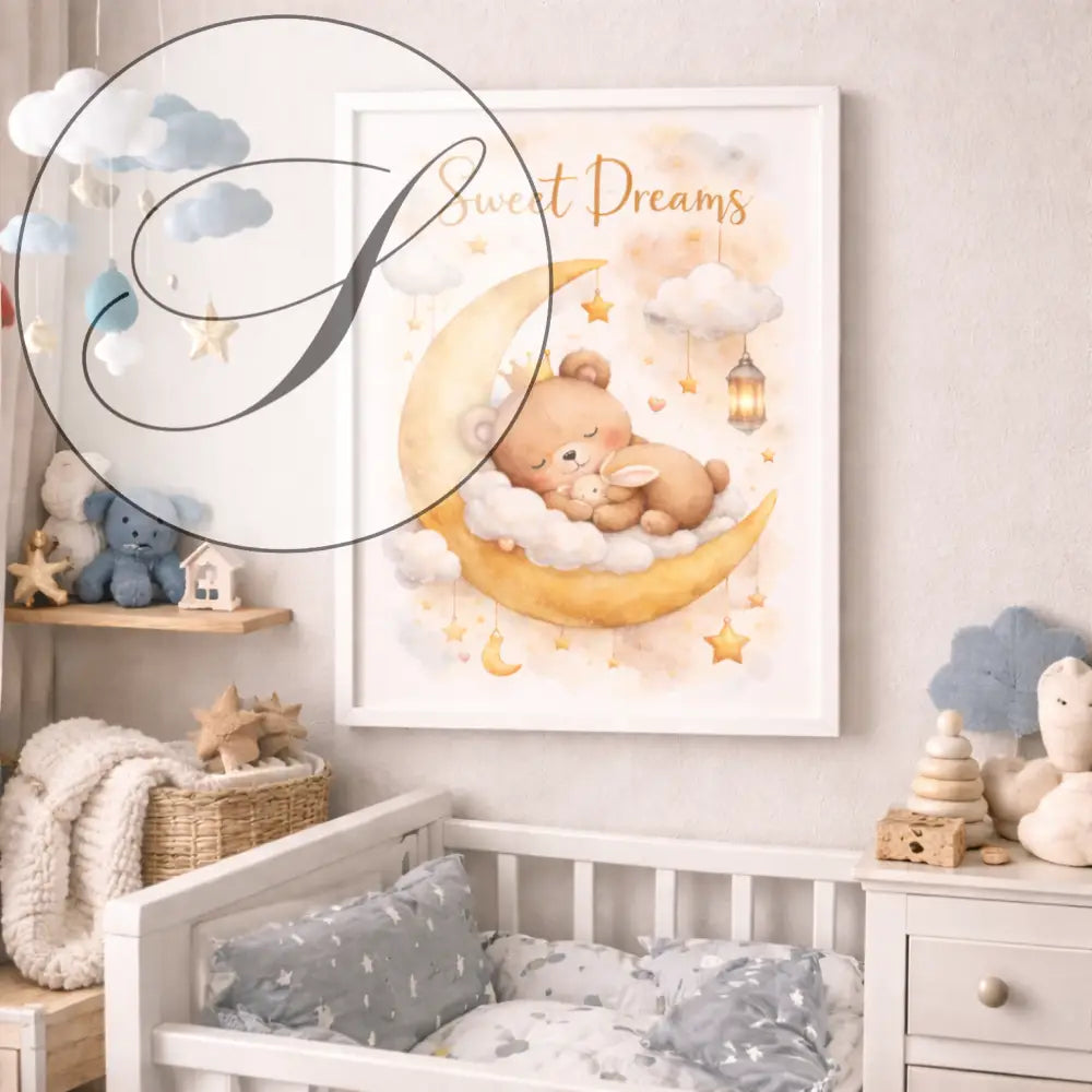 Affiche chambre bébé avec ours et lune en aquarelle encadrée blanche parfait pour chambre bébé