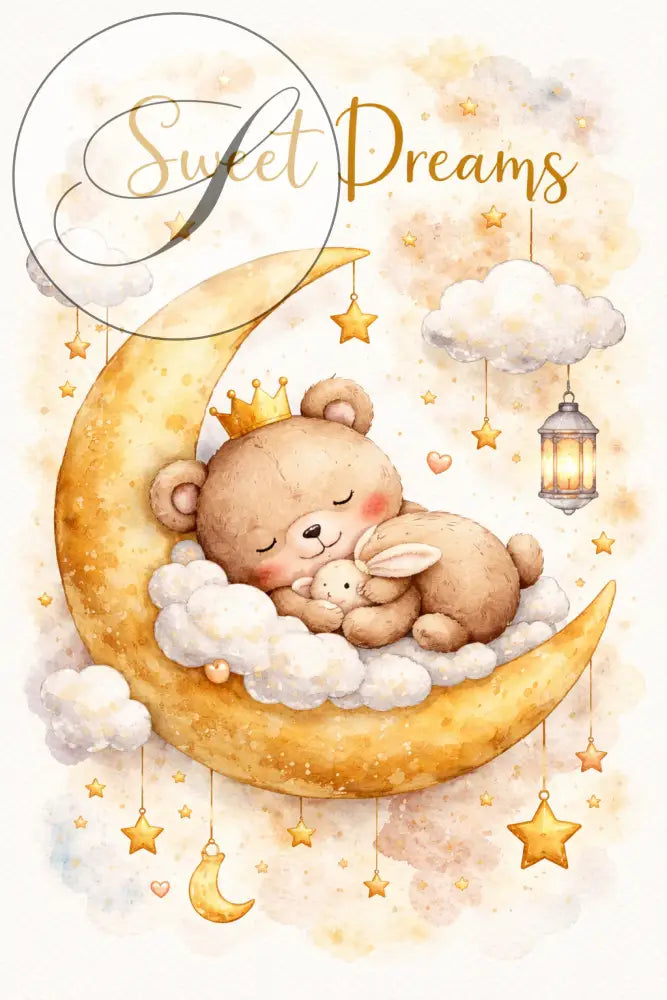 Affiche chambre bébé ours et lune avec illustration douce dours brun portant une couronne sur lune parfaite pour chambre bébé