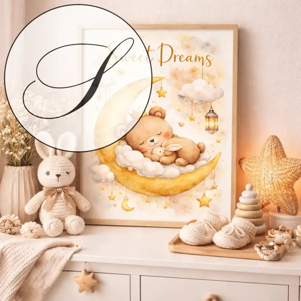 Affiche de naissance personnalisée avec un ours en peluche doré sur une lune pour une idée cadeau pour bébé