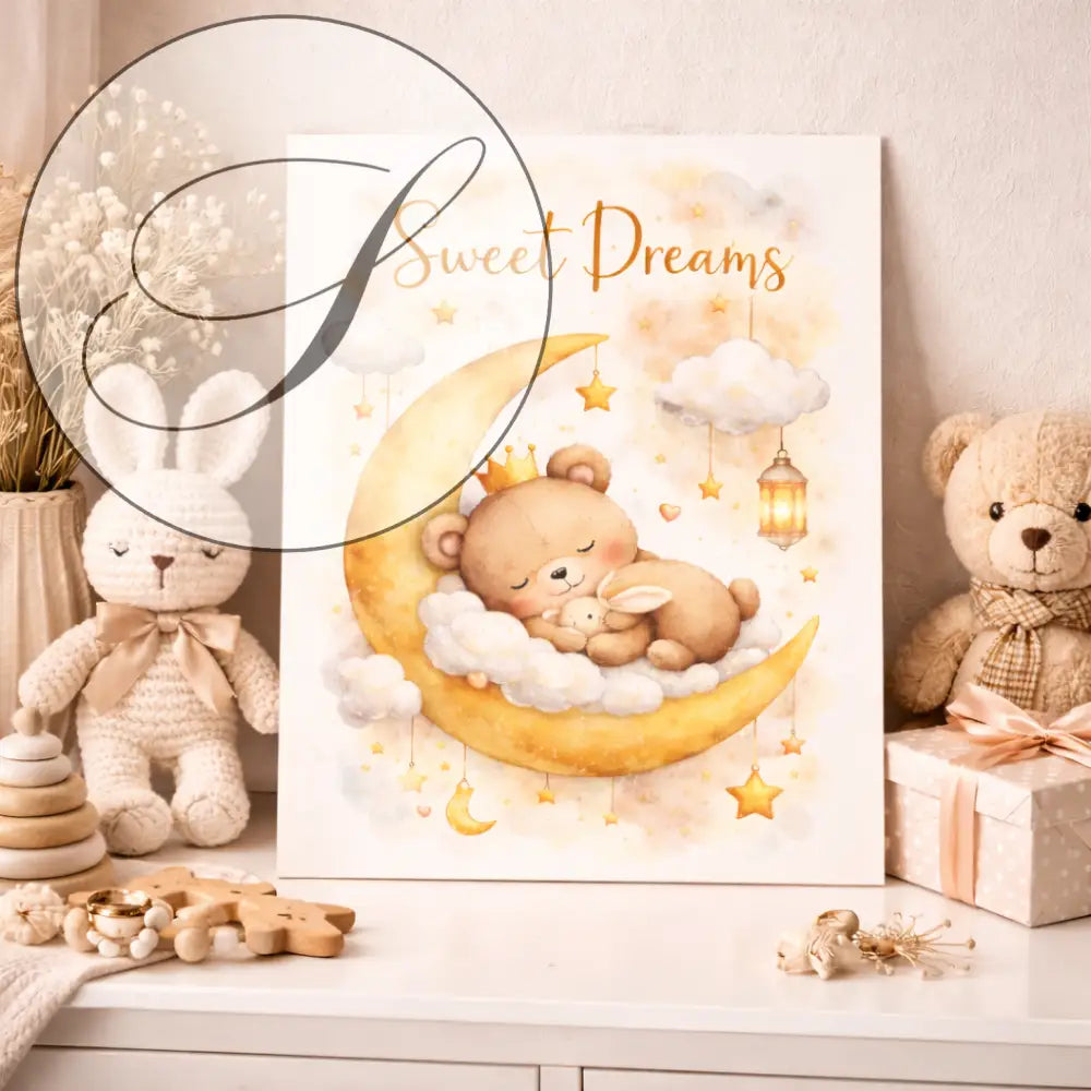 Affiche chambre bébé doux beige avec ours et lune endormis sur croissant de lune parfait pour chambre bébé