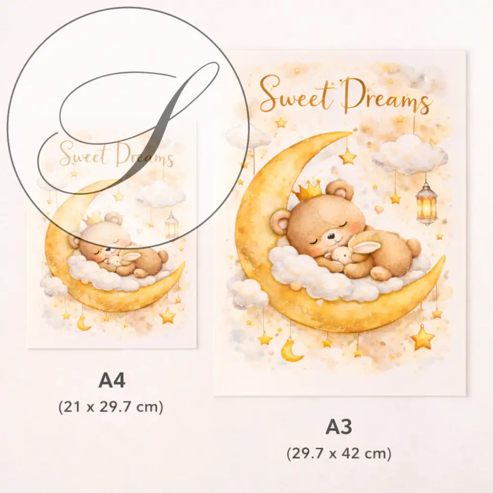 Affiche chambre bébé ours et lune avec ourson endormi sur lune et lapin en tons beige parfait pour chambre bébé