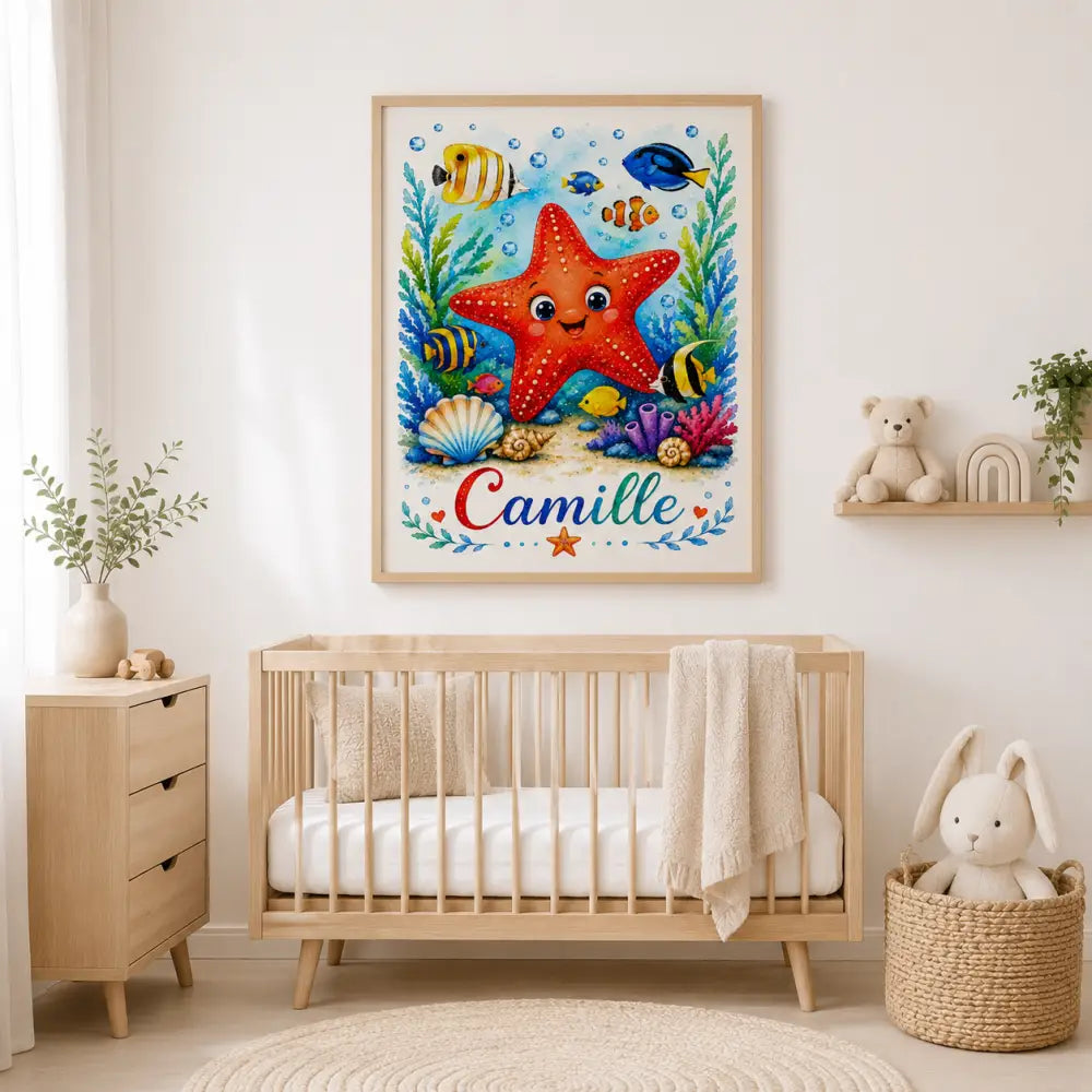 Cadre décoratif sous-marin avec étoile de mer rouge souriante entourée de poissons tropicaux et corail