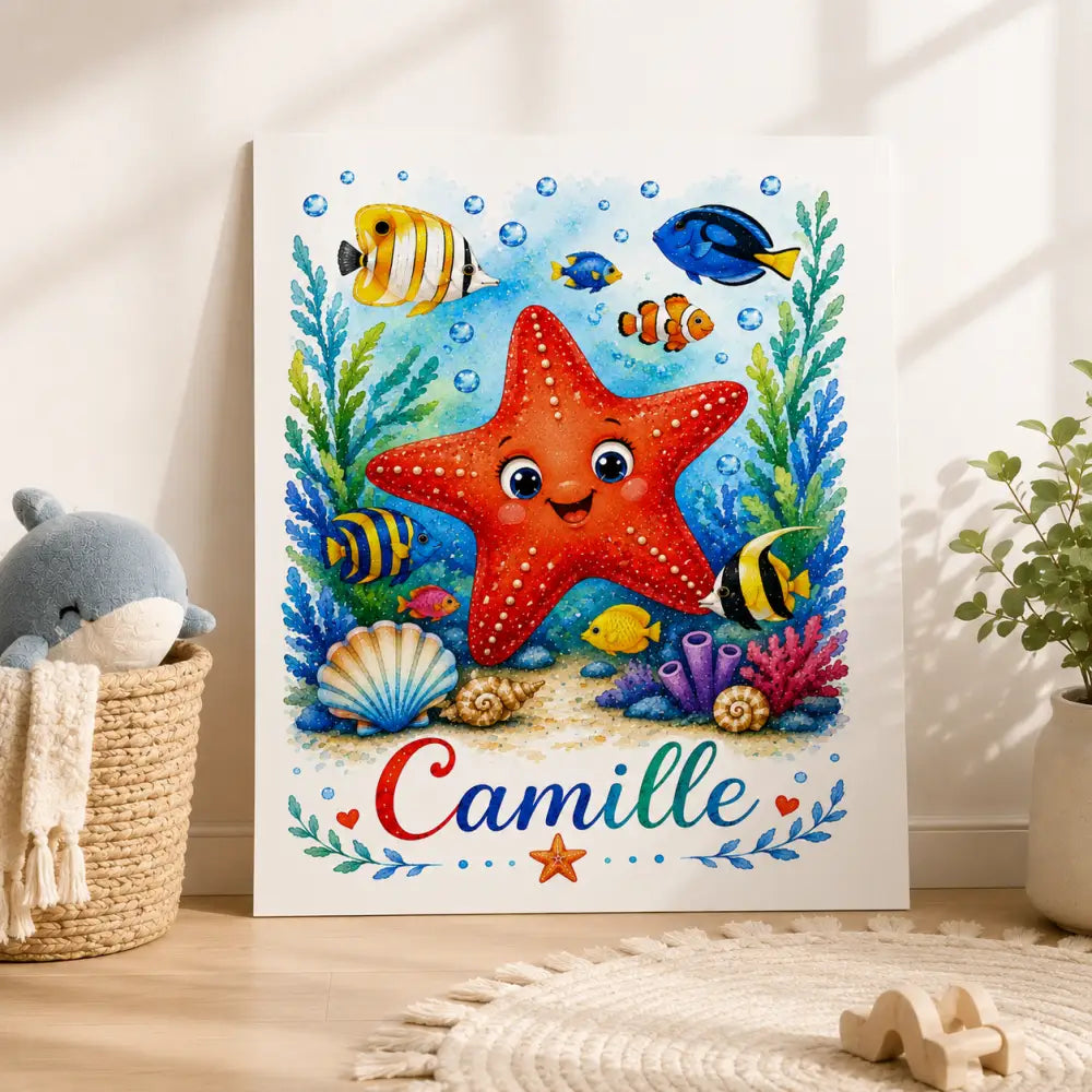 Ff produit avec une étoile de mer rouge joyeuse à taches blanches et yeux grands sur toile sous-marine colorée