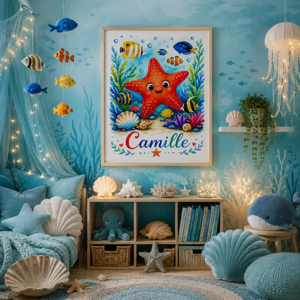Ff présente une étoile de mer rouge joyeuse avec un visage souriant entourée de poissons colorés et coraux