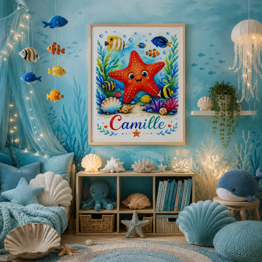 Ff présente une étoile de mer rouge joyeuse avec un visage souriant entourée de poissons colorés et coraux