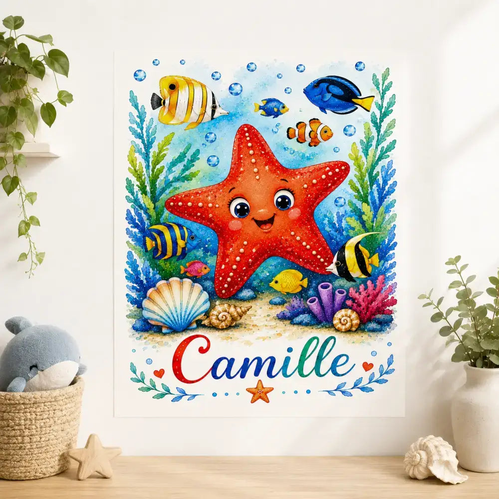 Affiche cadeau naissance personnalisée prénom avec étoile de mer rouge cartoon pour décoration murale bébé