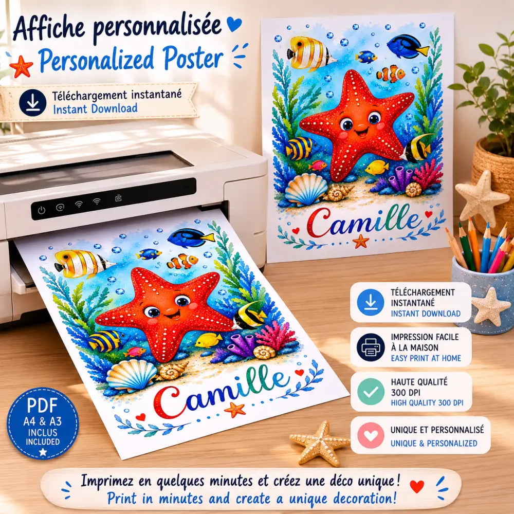Une étoile de mer rouge vibrante avec yeux joyeux et sourire entourée de poissons tropicaux colorés dans la scène ff