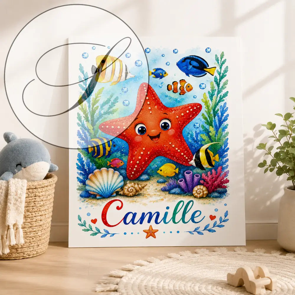 Ff produit avec une étoile de mer rouge joyeuse à taches blanches et yeux grands sur toile sous-marine colorée