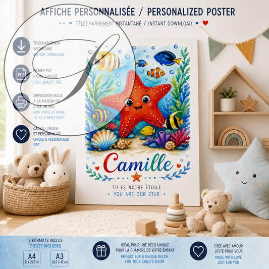 Affiche personnalisée avec une étoile de mer rouge vive sourire entourée de poissons colorés et corail