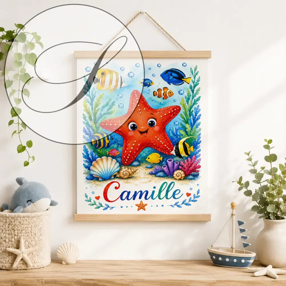 Affiche cadeau naissance personnalisée prénom étoile de mer rouge souriante avec poissons tropicaux pour cadeau bébé