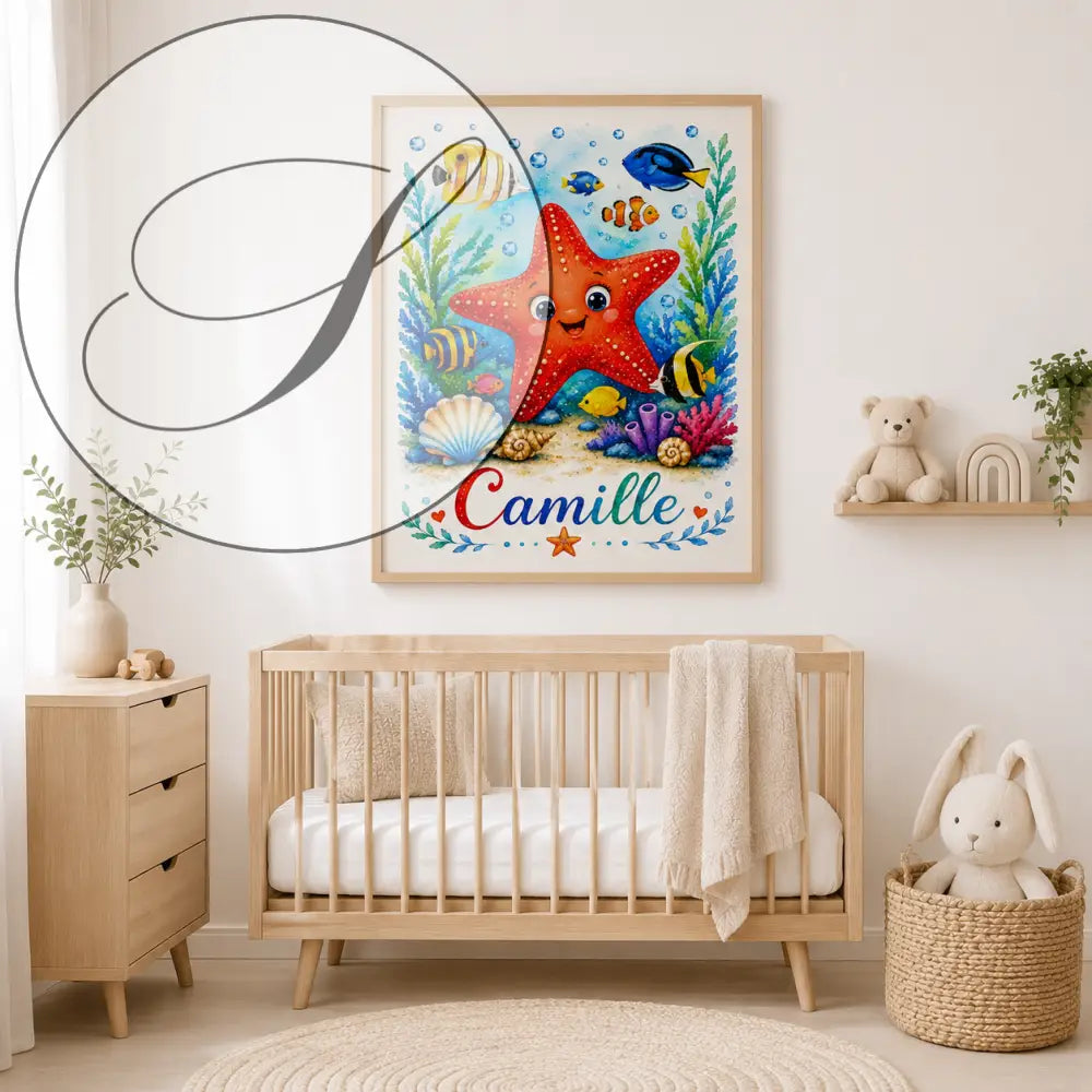 Cadre décoratif sous-marin avec étoile de mer rouge souriante entourée de poissons tropicaux et corail
