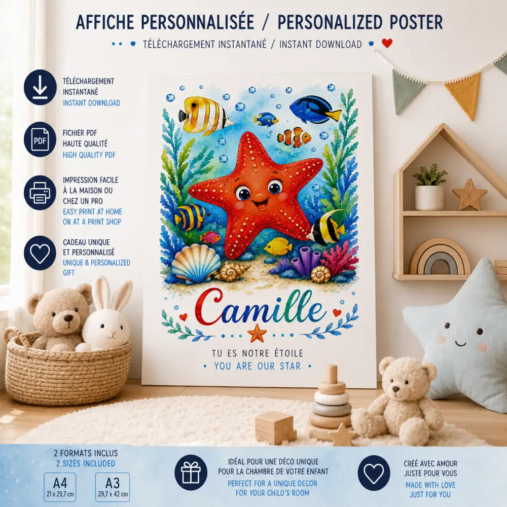 Affiche personnalisée ff avec une étoile de mer rouge vive sourire entourée de poissons colorés et corail