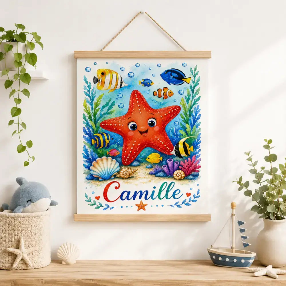 Affiche cadeau naissance personnalisée prénom étoile de mer rouge souriante avec poissons tropicaux pour cadeau bébé