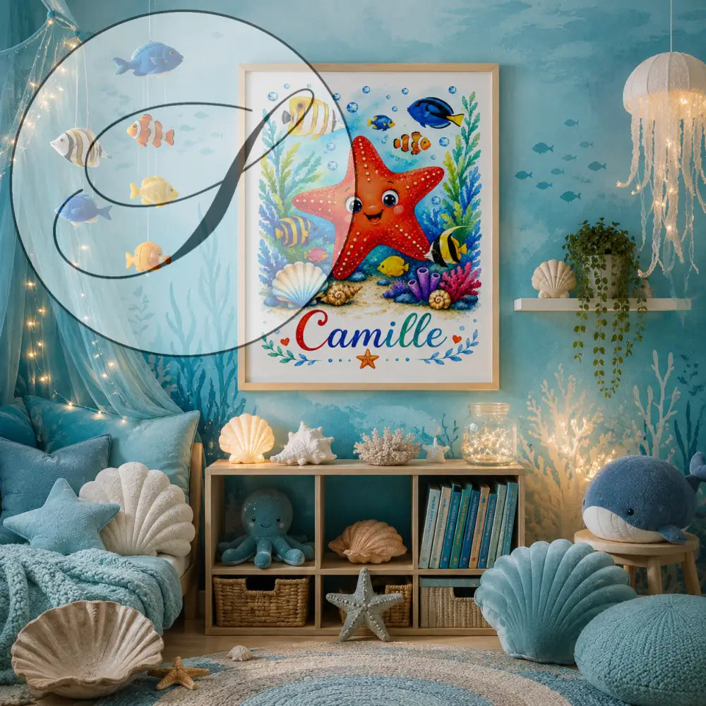 Ff présente une étoile de mer rouge joyeuse avec un visage souriant entourée de poissons colorés et coraux