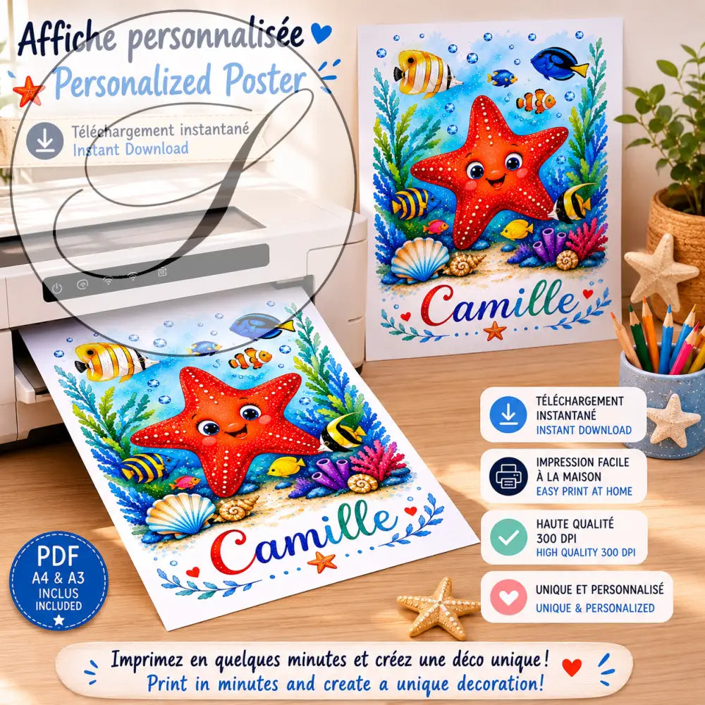 Une étoile de mer rouge vibrante avec yeux joyeux et sourire entourée de poissons tropicaux colorés dans la scène ff