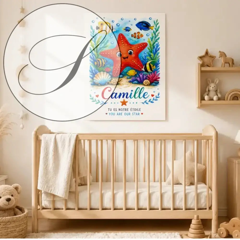 Affiche cadeau naissance personnalisée prénom étoile de mer rouge vif avec sourire sur toile colorée cadeau bébé