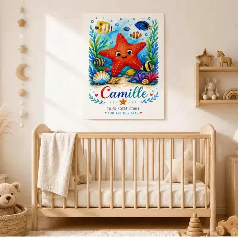 Affiche cadeau naissance personnalisée prénom étoile de mer rouge vif avec sourire sur toile colorée cadeau bébé