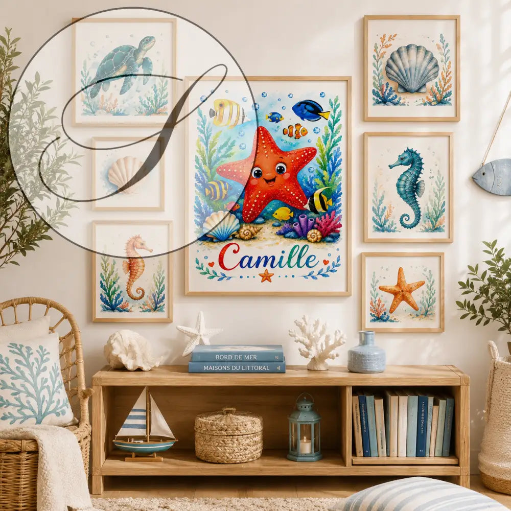 Cadre décoratif ff avec étoile de mer rouge souriante, poissons colorés, corail et prénom camille en script ludique