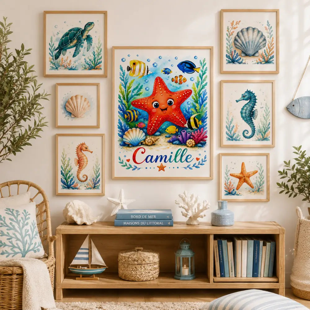 Cadre décoratif ff avec étoile de mer rouge souriante, poissons colorés, corail et prénom camille en script ludique