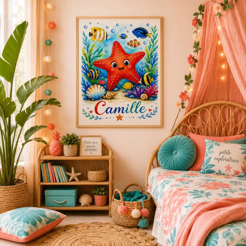 Un cadre vibrant avec une œuvre d’art océan pour enfants montrant une étoile de mer rouge souriante entourée de poissons colorés et de corail