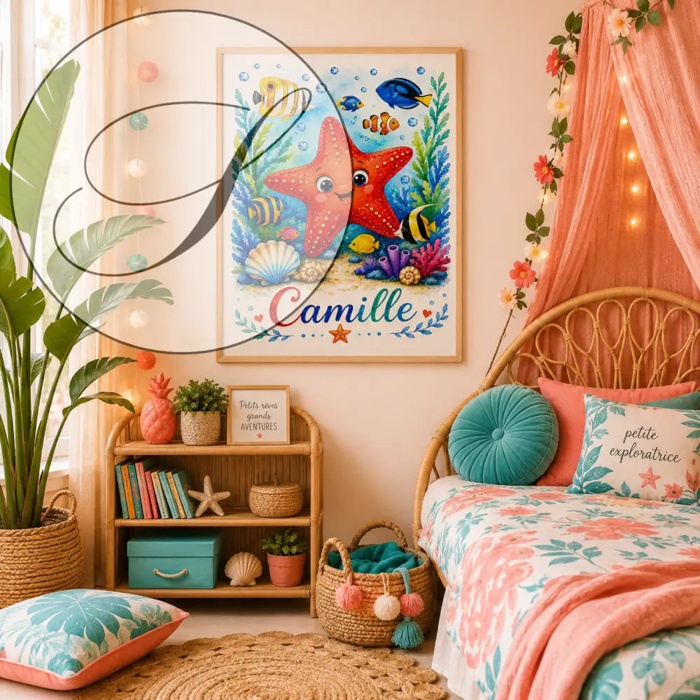 Un cadre vibrant avec une œuvre d’art océan pour enfants montrant une étoile de mer rouge souriante entourée de poissons colorés et de corail