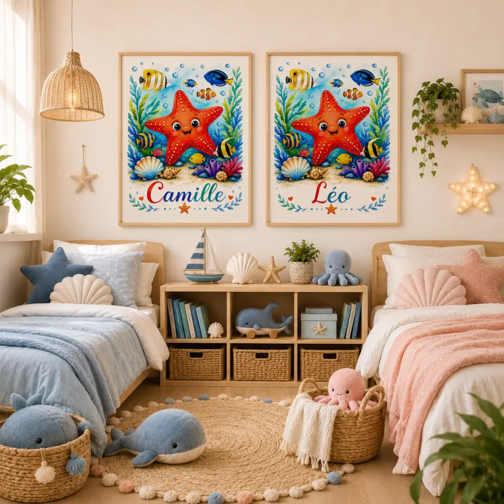 Deux cadres décoratifs ff avec étoiles de mer rouges souriantes poissons colorés et noms camille et léo sous chaque œuvre