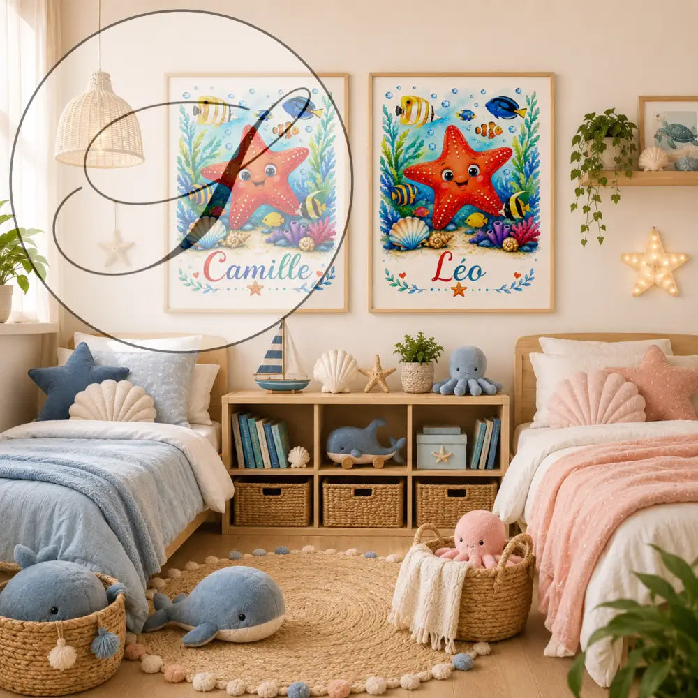 Deux cadres décoratifs ff avec étoiles de mer rouges souriantes poissons colorés et noms camille et léo sous chaque œuvre