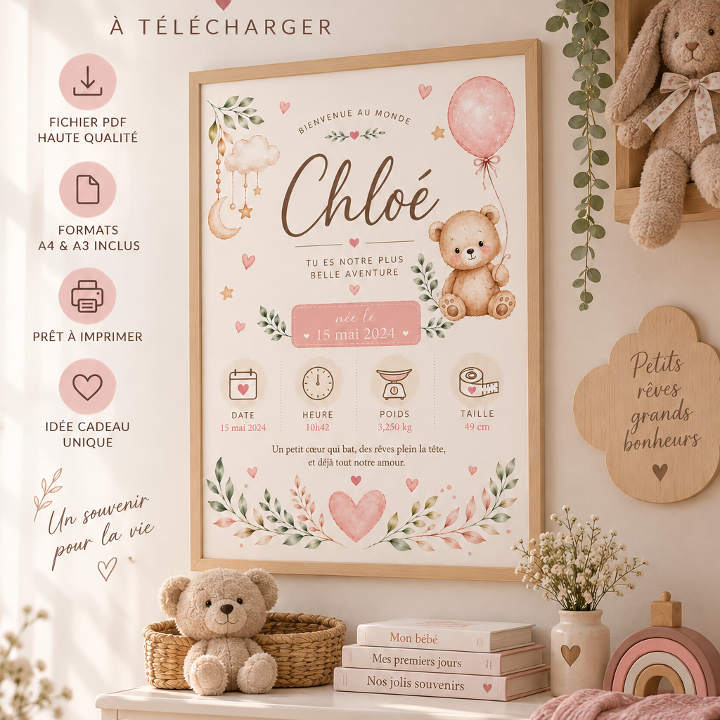 Poster de naissance personnalisée ff en rose pâle et crème avec ours en peluche, ballons et statistiques bébé en script élégant fichier numérique
