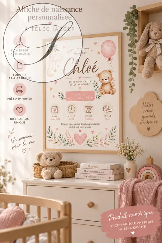 Poster de naissance personnalisée en rose pâle et crème avec ours en peluche
