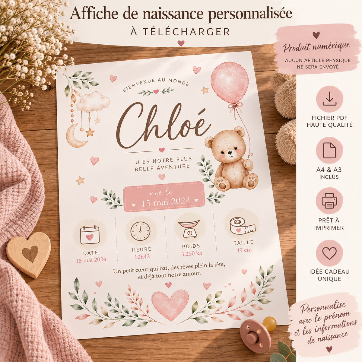 Affiche naissance personnalisée ff en aquarelle rose et beige avec un ours en peluche et détails bébé chloé fichier numérique