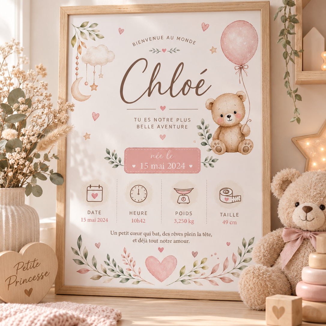 Poster naissance personnalisée encadré avec design aquarelle doux, ours en peluche, ballon rose sur papier crème