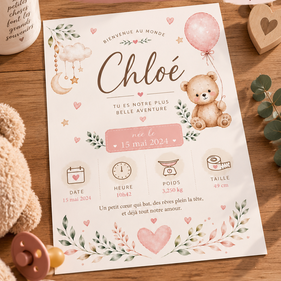 Affiche de naissance personnalisée douce rose et blanche avec ourson et statistiques bébé fichier numérique naissance personnalisé
