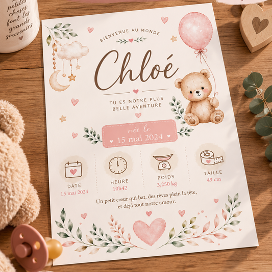 Affiche de naissance personnalisée douce rose et blanche avec ourson et statistiques bébé fichier numérique naissance personnalisé