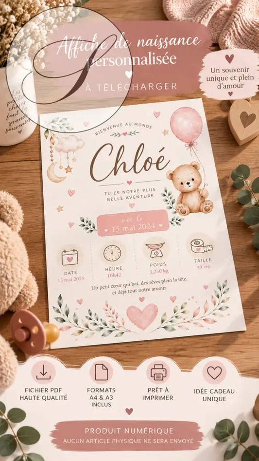 Affiche de naissance personnalisée douce rose et blanche avec ourson 