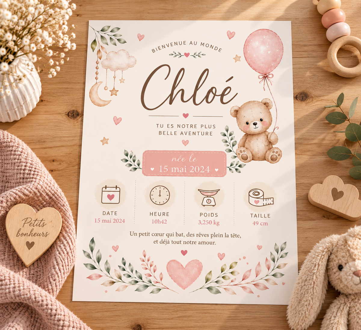 Carte de naissance personnalisée style aquarelle beige avec ours en peluche ballon rose et bordure florale fichier numérique