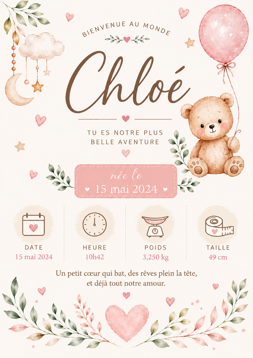Teddy bear beige doux avec joues roses et ballon rose pour naissance personnalisée fichier numérique ff