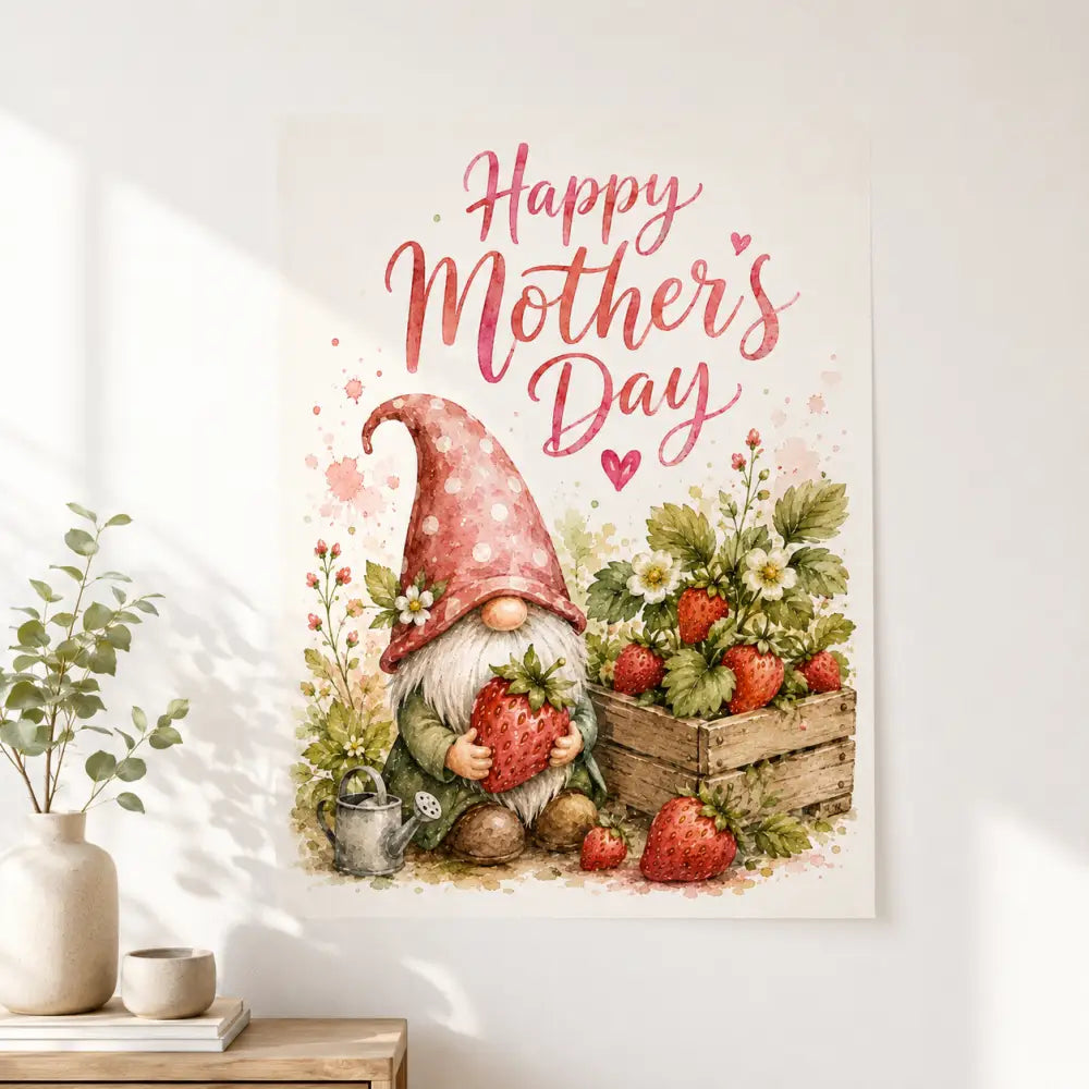 Affiche murale à télécharger cadeau fête décor gnome rose fleurs crate bois cadeau fete de mere original