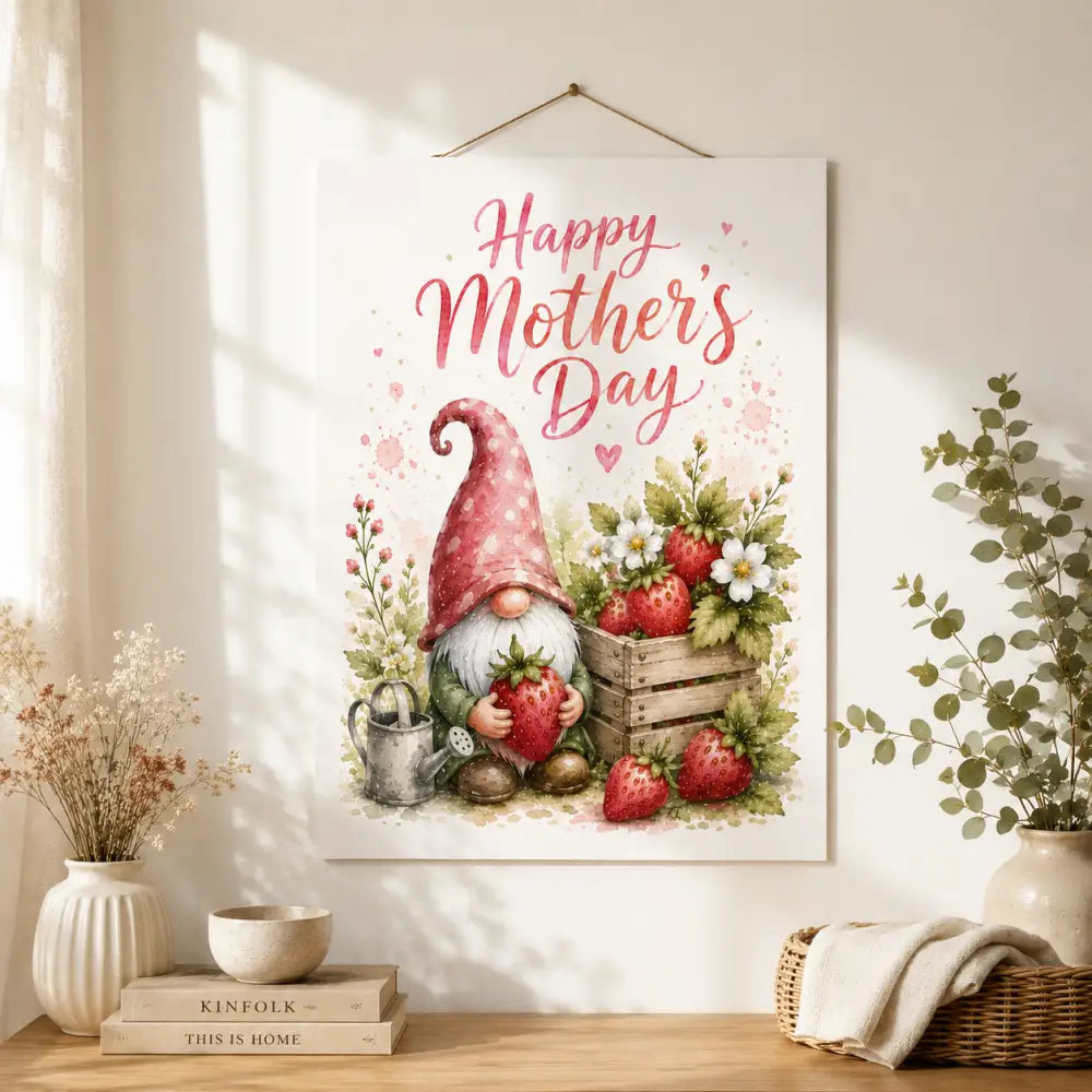 Affiche murale à télécharger avec un gnome blanc au chapeau rouge et fraises idéale cadeau fete de mere original