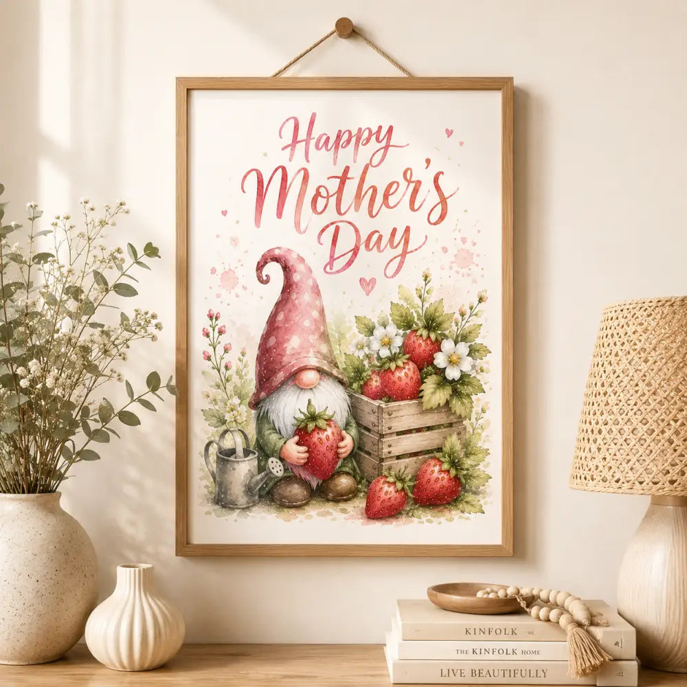 Affiche murale à télécharger cadeau fête avec cadre en bois et gnome rose tenant des fraises pour cadeau fete de mere