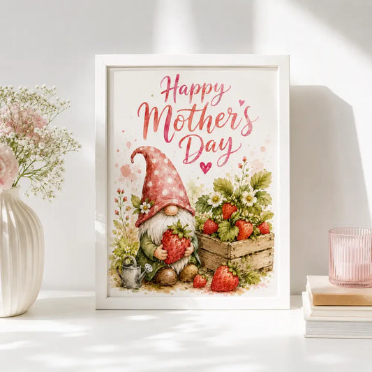 Affiche murale à télécharger avec illustration gnome au chapeau rouge et fraises pour fête des mères