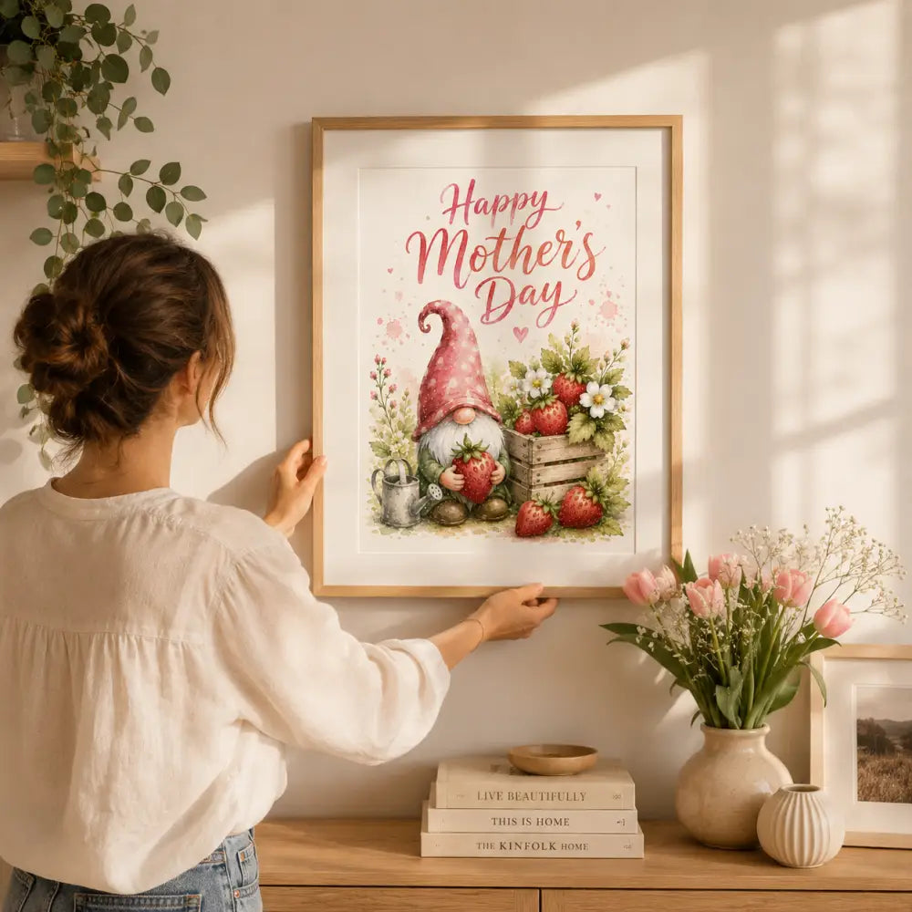 Affiche murale à télécharger cadeau fête avec illustration gnome rose et fraises dans cadre bois rustique pastel